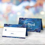 Bar Mitzvah Modern Blue Agate Galaxy Watercolor Place Card<br><div class="desc">No Bar Mitzvah party is complete without personalised place cards. Let your favourite Bar Mitzvah be proud, rejoice and celebrate his milestone at his perfectly coordinated party. Navy blue typography overlays a simple, white background with steel blue agate rocks accented with faux silver veins top and bottom. On the back,...</div>