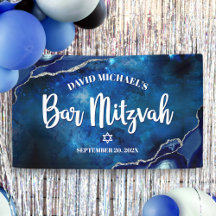 Bar Mitzvah Modern Blue Agate Watercolor Script