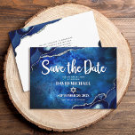 Bar Mitzvah Modern Blue Agate Watercolor Script Save The Date<br><div class="desc">Make sure all your friends and relatives will be able to celebrate your son’s milestone Bar Mitzvah! Send out this cool, unique, modern, personalised “Save the Date” announcement card. White script typography and Star of David overlay a deep blue galaxy watercolor background with navy blue agate accented with faux silver...</div>