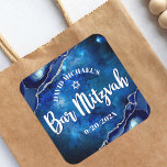 Bar Mitzvah Modern Blue Agate Watercolor Script  Square Sticker<br><div class="desc">Be proud, rejoice and showcase this milestone of your favourite Bar Mitzvah! Use this cool, unique, modern, personalised sticker to add to his special day. White script typography and Star of David overlay a deep blue galaxy watercolor background with navy blue agate accented with faux silver veins. Personalise the custom...</div>