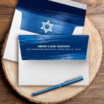 Bar Mitzvah Modern Blue Metallic Return Address Envelope<br><div class="desc">When you send out this cool, unique, modern, personalised coordinating Bar Mitzvah invitation envelope you’ll definitely stand out in the daily mail. The outside back flap of this white and navy blue envelope boasts bold, white typography overlaying faux metallic light blue brush strokes overlaying a rich, navy blue ombre background....</div>