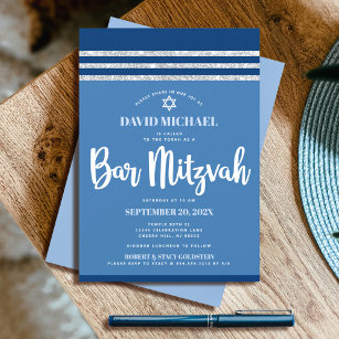 Bar Mitzvah Modern Blue Silver Tallit Bold Script  Invitation
