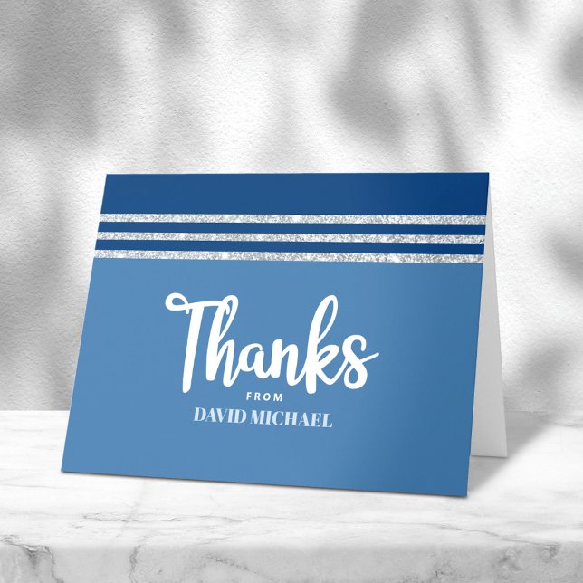 Bar Mitzvah Modern Blue Silver Tallit Bold Script Thank You Card (Creator Uploaded)