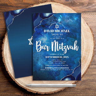 Bar Mitzvah Modern Blue Watercolor Agate Script Invitation