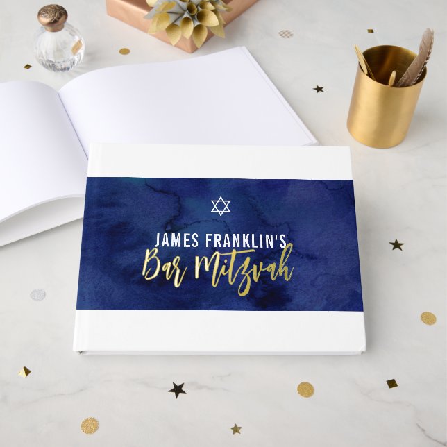 BAR MITZVAH modern blue watercolor gold writing Guest Book (Front Open)
