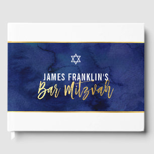 BAR MITZVAH modern blue watercolor gold writing Guest Book