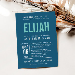 BAR MITZVAH modern bold block dark blue mint Invitation