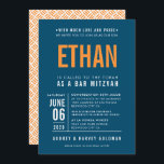 BAR MITZVAH modern bold block dark blue orange Invitation<br><div class="desc">by kat massard >>> WWW.SIMPLYSWEETPAPERIE.COM <<< - - - - - - - - - - - - CONTACT ME to help with balancing your type perfectly Love the design, but would like to see some changes - another colour scheme, product, add a photo or adapted for a different occasion...</div>