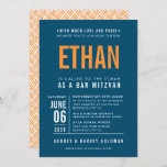 BAR MITZVAH modern bold block dark blue orange Invitation<br><div class="desc">by kat massard >>> WWW.SIMPLYSWEETPAPERIE.COM <<< - - - - - - - - - - - - CONTACT ME to help with balancing your type perfectly Love the design, but would like to see some changes - another colour scheme, product, add a photo or adapted for a different occasion...</div>