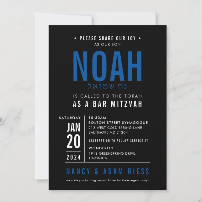 BAR MITZVAH modern bold block royal blue black Invitation (Front)
