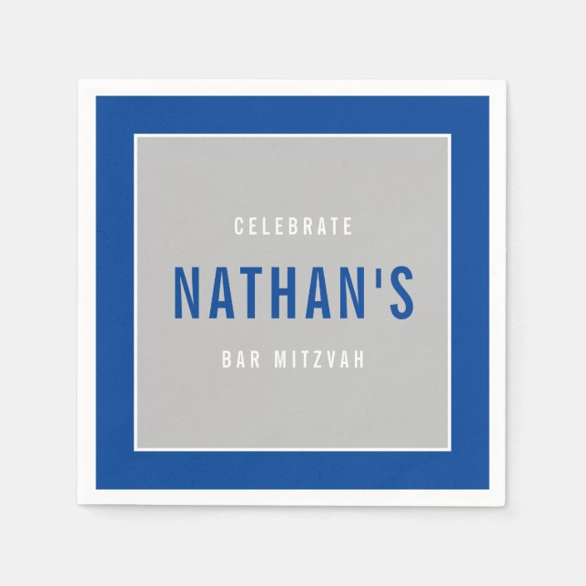 BAR MITZVAH modern bold block royal blue grey Napkin (Front)