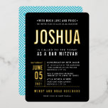 BAR MITZVAH modern bold block type black blue gold<br><div class="desc">by kat massard >>> WWW.SIMPLYSWEETPAPERIE.COM <<< - - - - - - - - - - - - With real shiny gold foil elements! CONTACT ME to help with balancing your type perfectly Love the design, but would like to see some changes - another colour scheme, product, add a photo...</div>