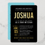 BAR MITZVAH modern bold block type black blue gold<br><div class="desc">by kat massard >>> WWW.SIMPLYSWEETPAPERIE.COM <<< - - - - - - - - - - - - With real shiny gold foil elements! CONTACT ME to help with balancing your type perfectly Love the design, but would like to see some changes - another colour scheme, product, add a photo...</div>
