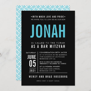 BAR MITZVAH modern bold block type black turquoise Invitation