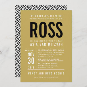 BAR MITZVAH modern bold block type flat gold black Invitation