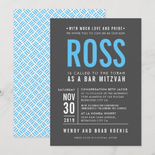 BAR MITZVAH modern bold block type grey aqua blue Invitation