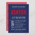 BAR MITZVAH modern bold block type navy blue red Invitation<br><div class="desc">by kat massard >>> WWW.SIMPLYSWEETPAPERIE.COM <<< - - - - - - - - - - - - CONTACT ME to help with balancing your type perfectly Love the design, but would like to see some changes - another colour scheme, product, add a photo or adapted for a different occasion...</div>