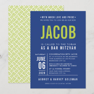 BAR MITZVAH modern bold block type royal blue lime Invitation