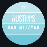 BAR MITZVAH modern bold ombre block turquoise blue Classic Round Sticker<br><div class="desc">by kat massard >>> https://linktr.ee/simplysweetpaperie <<< 
Love the design,  but would like to see some changes - another colour scheme,  product,  add a photo or adapted for a different occasion - no worries simply contact me,  kat@simplysweetPAPERIE.com - I am happy to help!</div>