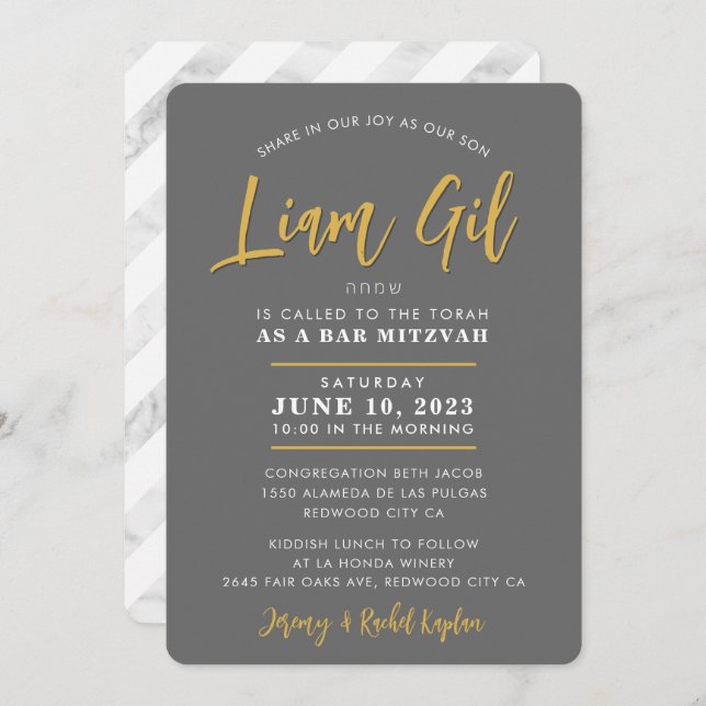 BAR MITZVAH modern calligraphy grey faux gold Invitation (Front/Back)