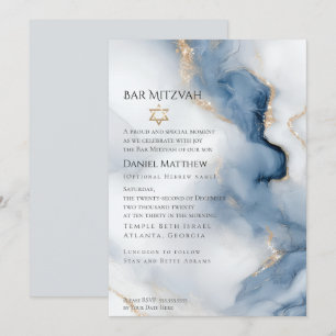 Bar Mitzvah Modern Dusty Blue Marbled Agate Invitation