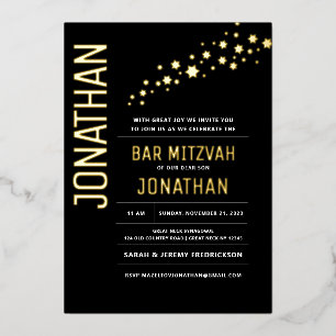 Bar Mitzvah Modern Elegant Black REAL GOLD Foil In