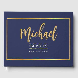 BAR MITZVAH modern faux gold name calligraphy navy Guest Book