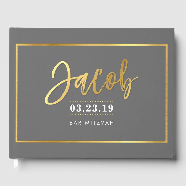 BAR MITZVAH  modern faux gold on grey for JACOB Guest Book (Front)