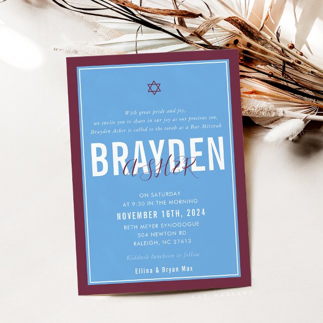 BAR MITZVAH modern football blue maroon ELLINA Invitation (Creator Uploaded)