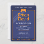 BAR MITZVAH modern gaming control navy blue orange Invitation<br><div class="desc">by kat massard >>> WWW.SIMPLYSWEETPAPERIE.COM <<< - - - - - - - - - - - - - - - - - - - - - - - - The perfect design for a "Gaming Themed" BAR or BAT MITZVAH celebration Love the design, but would like to see some...</div>