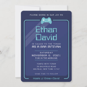 BAR MITZVAH modern gaming controls navy aqua blue Invitation
