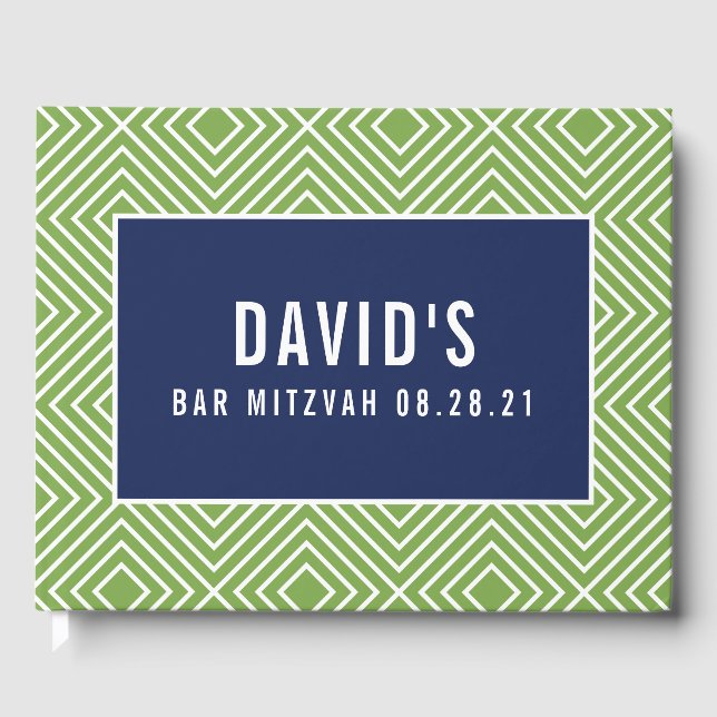 BAR MITZVAH modern geometric pattern navy green Guest Book (Front)
