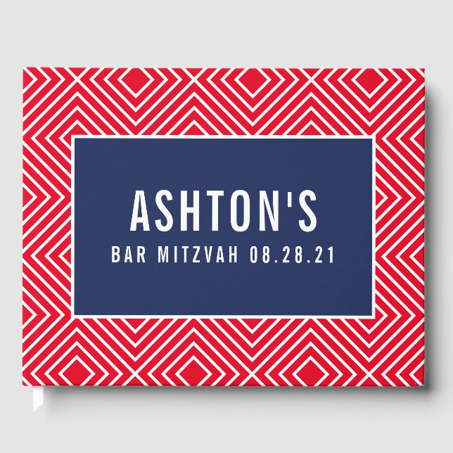 BAR MITZVAH modern geometric pattern navy red Guest Book (Front)