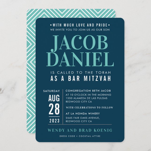 BAR MITZVAH modern geometric stack navy blue mint Invitation (Front/Back)