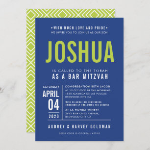 BAR MITZVAH modern geometric type royal blue lime Invitation