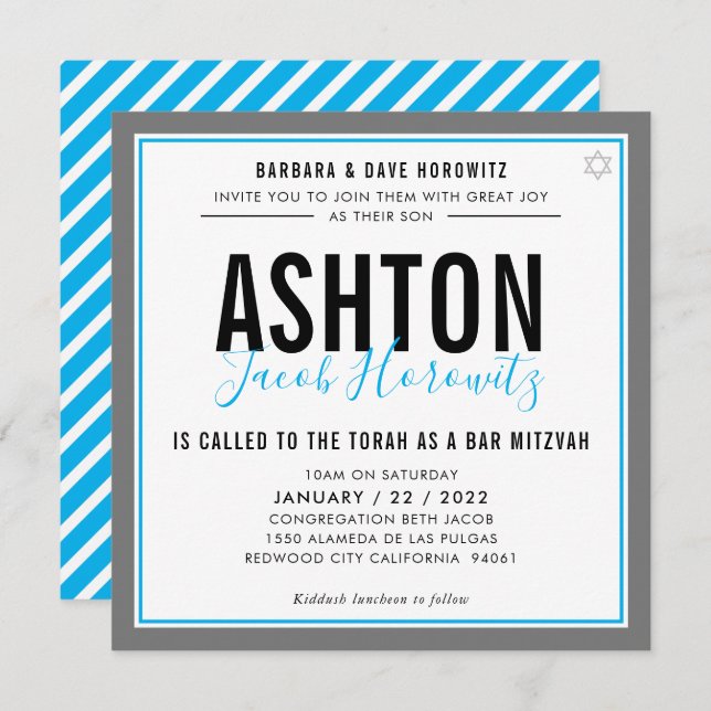 BAR MITZVAH modern masculine aqua grey sport Invitation (Front/Back)