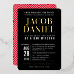 BAR MITZVAH modern minimal bold boy black red<br><div class="desc">by kat massard
Modern invitation with "shiny gold foil" for your child's MITZVAH celebration.
Easy to update the template yourself
Email me for matching items and alternate colour schemes - kat@simplysweetpaperie.com</div>