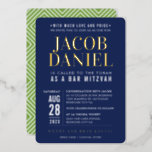 BAR MITZVAH modern minimal bold navy blue green<br><div class="desc">by kat massard
Modern invitation with "shiny gold foil" for your child's MITZVAH celebration.
Easy to update the template yourself
Email me for matching items and alternate colour schemes - kat@simplysweetpaperie.com</div>