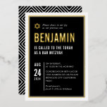 BAR MITZVAH modern minimal geometric black white<br><div class="desc">by kat massard
Modern invitation with "shiny gold foil" for your child's MITZVAH celebration.
Easy to update the template yourself
Email me for matching items and alternate colour schemes - kat@simplysweetpaperie.com</div>