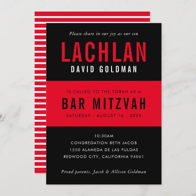 BAR MITZVAH modern minimal typography black red Invitation (Front/Back)