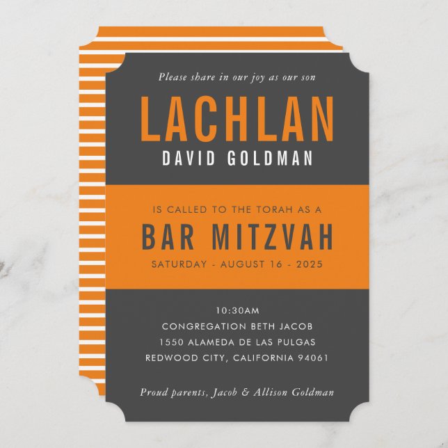 BAR MITZVAH modern minimal typography grey orange Invitation (Front/Back)