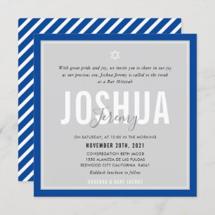 BAR MITZVAH modern name gray royal blue Invitation