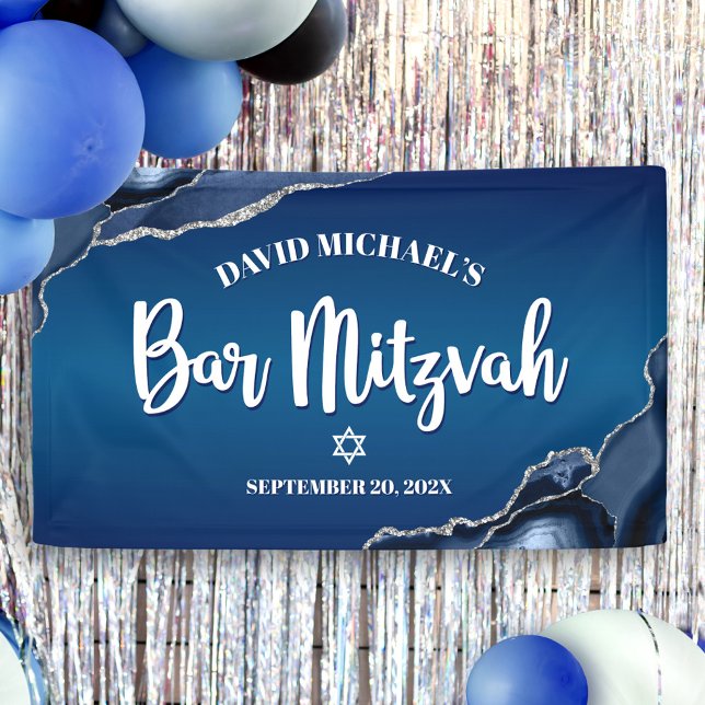 Bar Mitzvah Modern Navy Blue Ombre Agate Script Banner (Creator Uploaded)