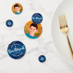 Bar Mitzvah Modern Navy Blue Ombre Agate Script Confetti<br><div class="desc">Add some extra style to your favourite Bar Mitzvah’s celebration party with this customisable table confetti! White script typography and Star of David overlay a deep navy blue ombre background with steel blue agate accented with faux silver veins on one side. Your Bar Mitzvah’s photo is on the other. Personalise...</div>