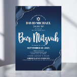 Bar Mitzvah Modern Navy Blue Ombre Agate Script In Invitation<br><div class="desc">Be proud, rejoice and showcase this milestone of your favourite Bar Mitzvah! Send out this cool, unique, modern, personalised invitation for an event to remember. White script typography and Star of David overlay a deep navy blue ombre background with steel blue agate accented with faux silver veins. Personalise the custom...</div>