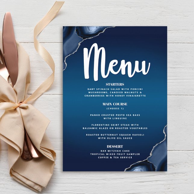 Bar Mitzvah Modern Navy Blue Ombre Agate Script Menu (Creator Uploaded)