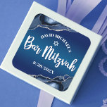 Bar Mitzvah Modern Navy Blue Ombre Agate Script  Square Sticker<br><div class="desc">Be proud, rejoice and showcase this milestone of your favourite Bar Mitzvah! Use this cool, unique, modern, personalised sticker to add to his special day. White script typography and Star of David overlay a deep navy blue ombre background with steel blue agate accented with faux silver veins. Personalise the custom...</div>