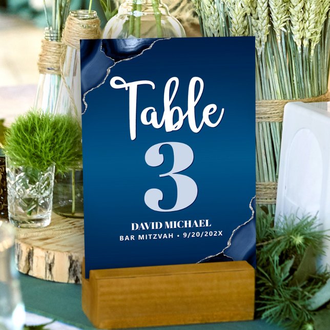 Bar Mitzvah Modern Navy Blue Ombre Agate Script Table Number (Creator Uploaded)