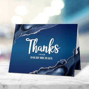 Bar Mitzvah Modern Navy Blue Ombre Agate Script  Thank You Card