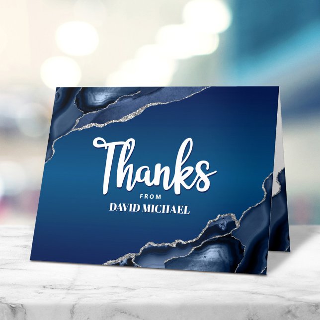 Bar Mitzvah Modern Navy Blue Ombre Agate Script  Thank You Card (Creator Uploaded)
